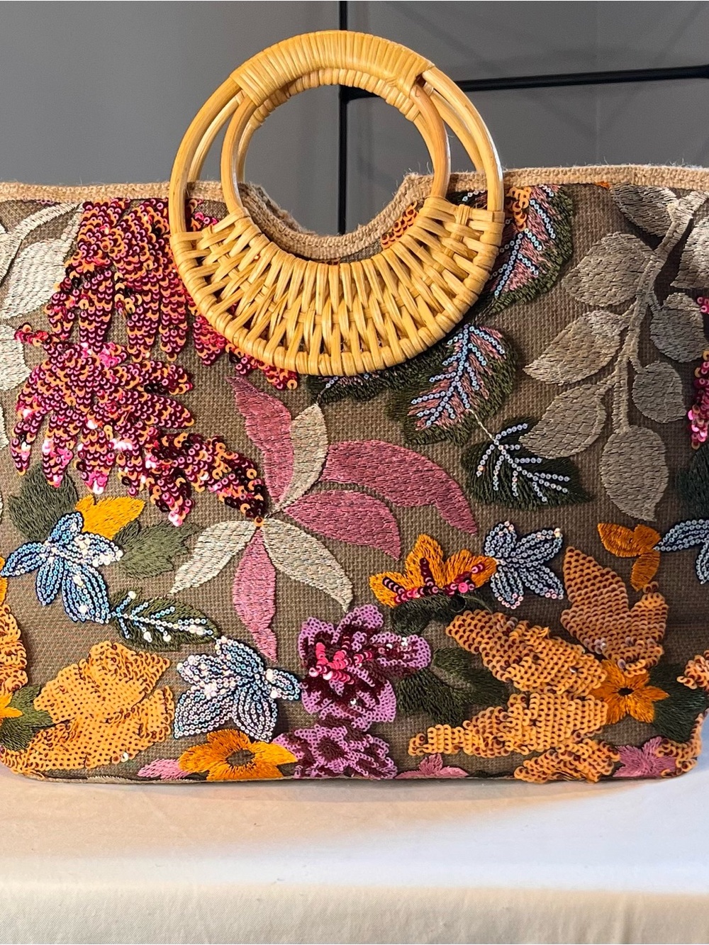 Embroidered Floral Tote Bag with Bamboo Handles - Pink/Yellow Floral